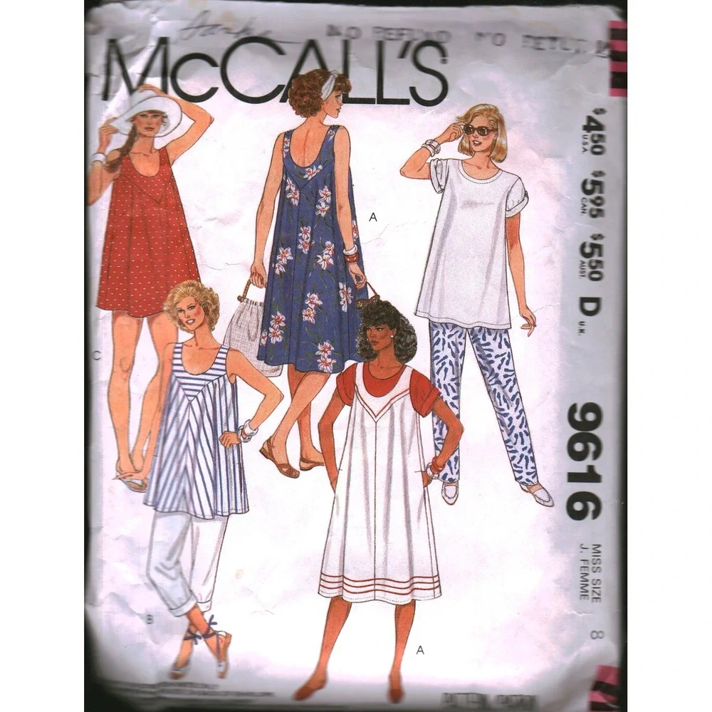 Vintage McCalls 9616 Maternity Dress Jumper Top Sunsuit Pants Pattern Size 8